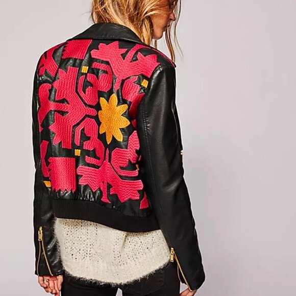 Free People Embroidered Vegan Leather Moto Jacket Small - Picture 1 of 14